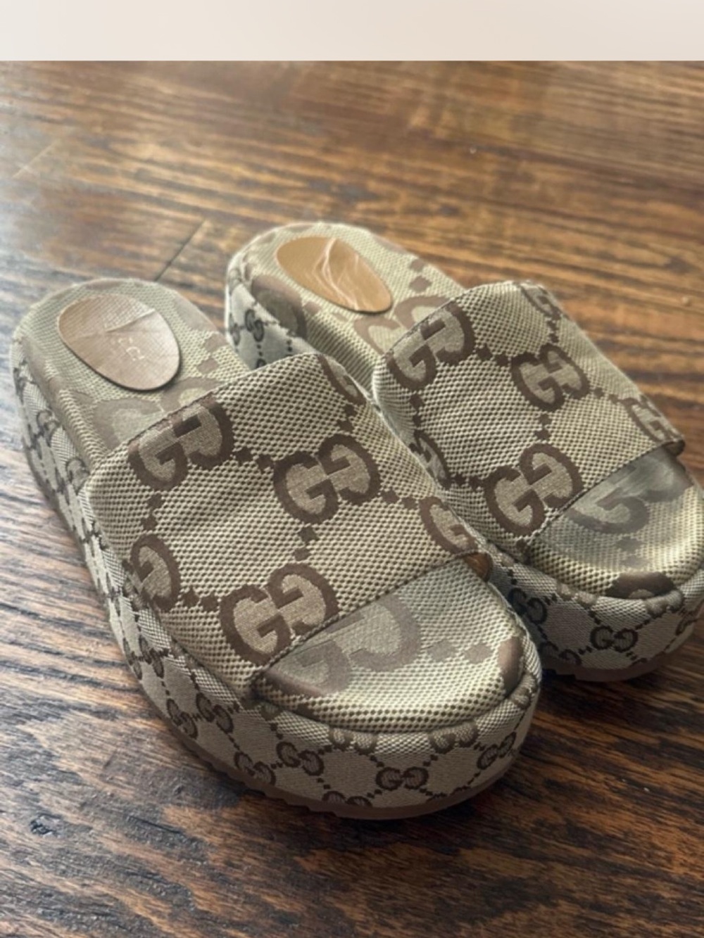 Gucci Beige GG Canvas Platform Slide Sandals